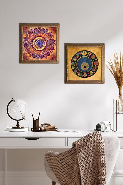 Pinecone Mandala, Piatra de ochi rău Pictură pe perete Decor de perete cu rame din lemn Set de pictură din 2 piese Artă de perete -W2-411-