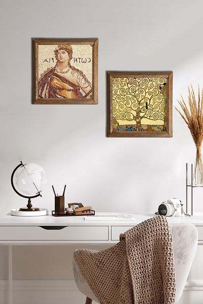 Pinecone Mosaic of Soteria, Gustav Klimt Tree of Life Stone Wall Painting Wood Framed Wall Decor -W2-350-