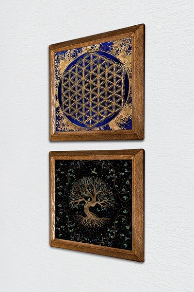 Pinecone Flower of Life, Tree of Life Stone Wall Painting Wood Framed Wall Decor 2 Piece Painting Set -W2-428-