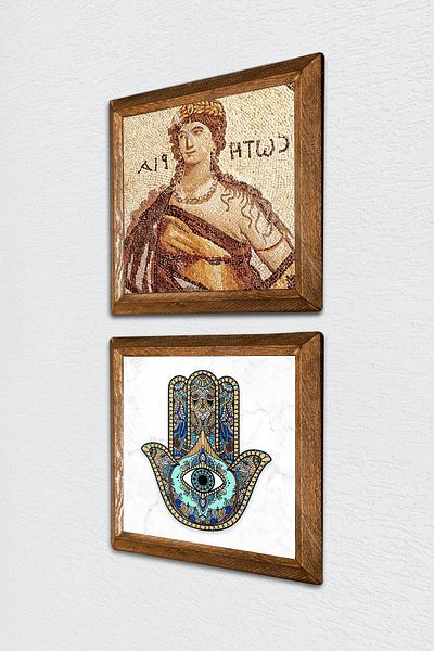 Pinecone Mozaic Soteria, Mâna Maicii Fatma (Hamsa) Pictură pe perete din piatră Decor de perete cu rame din lemn -W2-24-
