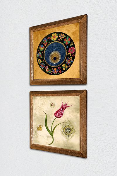 Pinecone Evil Eye, Lalele Pictură pe perete cu piatră Decor de perete cu cadru din lemn Set de pictură din 2 piese Artă de perete -W2-690-