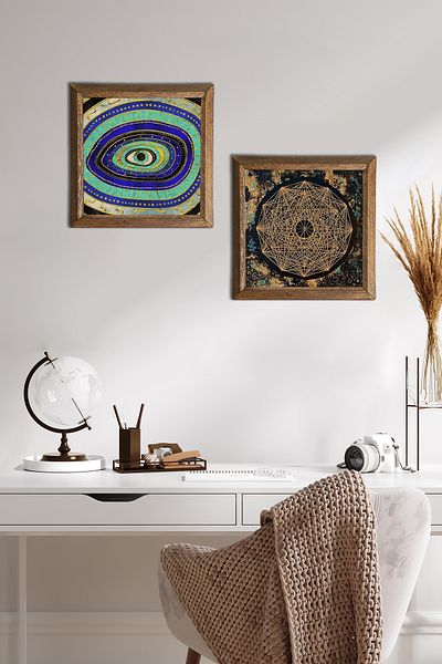 Pinecone Evil Eye, Sri Yantra Stone Wall Painting Decor de perete cu rame din lemn Set de 2 picturi Wall Art -W2-552-