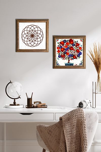 Pinecone Flower of Life, Pomegranate Tree Stone Wall Painting Wood Framed Wall Decor 2 Piece Painting Set -W2-166-