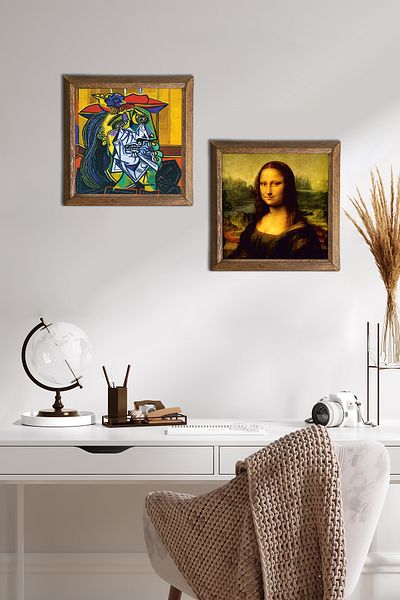 Pinecone Picasso Crying Woman, Leonardo Da Vinci Mona Lisa Stone Wall Painting Framed Wall Decor -W2-333-