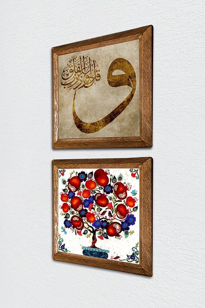 Pinecone Vav, pictură pe perete din piatră de pom de rodie cu cadru din lemn Decor de perete 2 bucăți set de pictură Wall Art -W2-160-