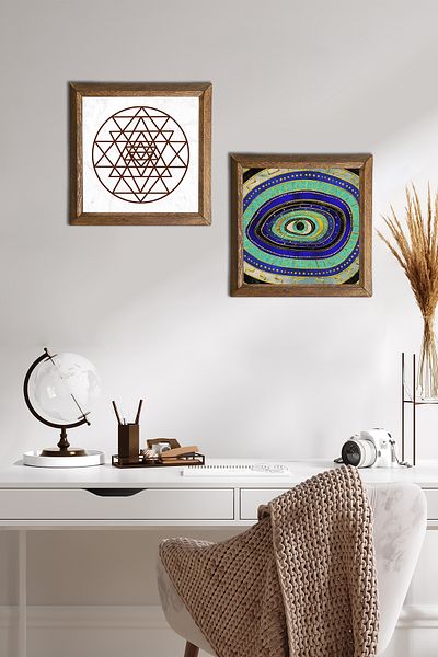Pinecone Evil Eye, Sri Yantra Stone Wall Painting Wooden Framed Wall Decor 2-Piece Painting Set Wall Art -W2-470-