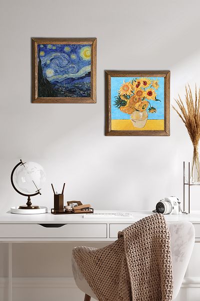 Pinecone Van Gogh Twelve Sunflowers Vase, Starry Night Stone Wall Painting Framed Wall Decor -W2-379-
