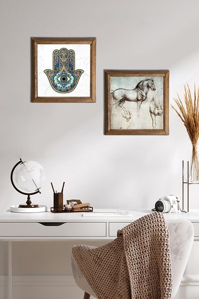 Pinecone Da Vinci Horse Sculpture, Hand of Mother Fatma (Hamsa) Stone Wall Painting Wall Decor with Wooden Frame -W2-08-
