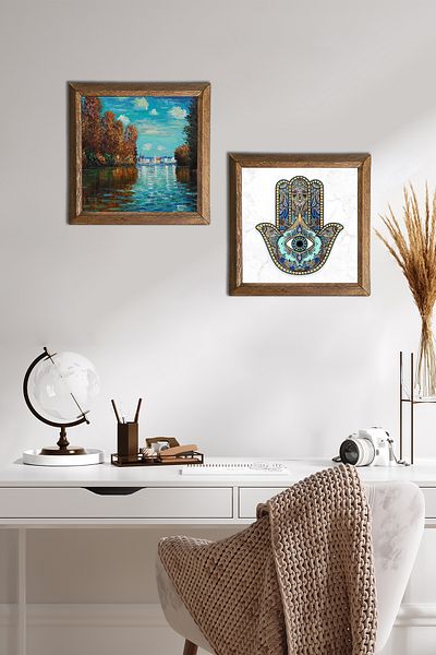 Pinecone Claude Monet Φθινόπωρο, Πέτρινος τοίχος με το χέρι της Φατμά (Χάμσα) Ξύλινο πλαίσιο διακόσμηση τοίχου -W2-65-