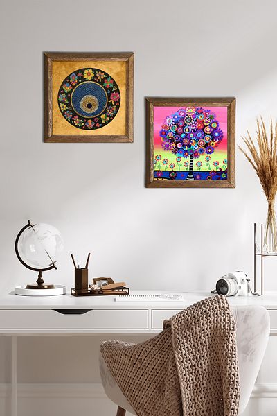 Pinecone Evil Eye, Tree of Life Stone Wall Painting Wooden Framed Wall Decor Set of 2 Painting Wall Art -W2-655-