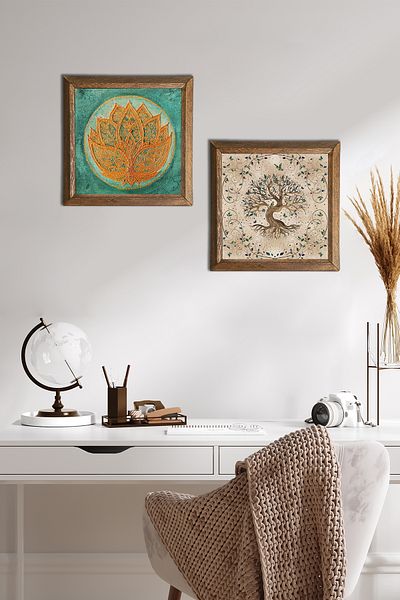 Pinecone Floarea Lotusului, Arborele Vieții Pictură pe perete din piatră cu cadru din lemn Decor de perete Set de pictură 2 piese -W2-211-