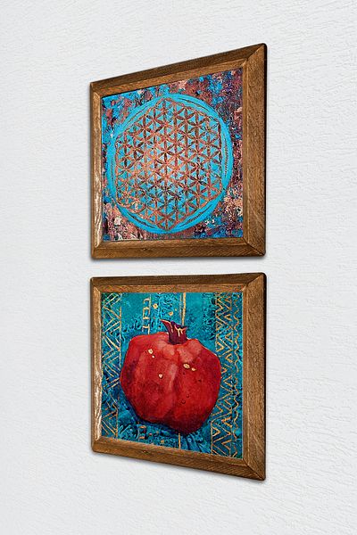 Pinecone Λουλούδι της Ζωής, Ζωγραφική Τοίχου με Πέτρα Ρόδι Ξύλινο Πλαίσιο Διακόσμηση Τοίχου Σετ Ζωγραφικής 2 τεμαχίων Wall Art -W2-125-