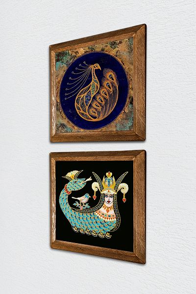 Pinecone Peacock, Shahmeran Stone Wall Painting with Wooden Frame Wall Decor 2 Piece Painting Set -W2-260-