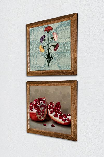 Pinecone Artă marmorată, pictură pe perete din piatră de rodie, decor de perete cu rame din lemn, set de pictură din 2 piese, artă de perete -W2-248-