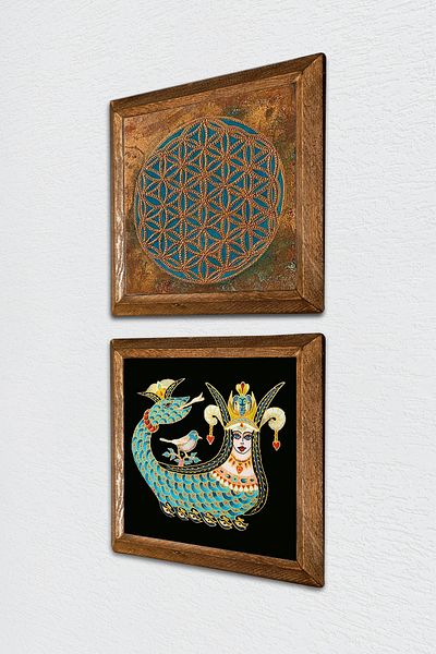 Pinecone Flower of Life, Shahmeran Stone Wall Painting with Wooden Frame Wall Decor 2 Piece Painting Set -W2-284-
