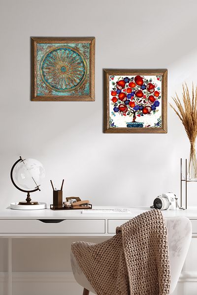 Pinecone Flower of Life, Pomegranate Tree Stone Wall Painting Wood Framed Wall Decor 2 Piece Painting Set -W2-171-