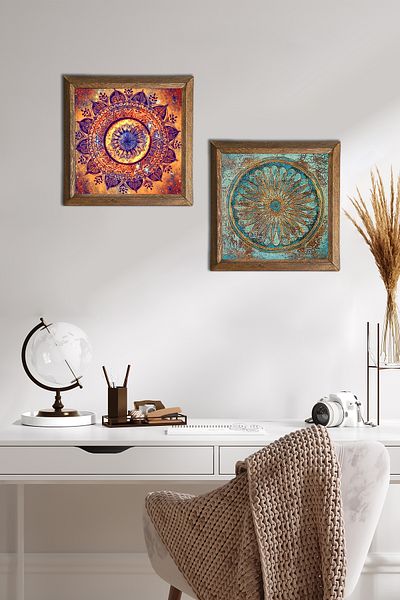 Pinecone Mandala, Flower of Life Stone Wall Painting with Wooden Frame Wall Decor 2 Piece Painting Set -W2-518-