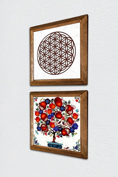 Pinecone Flower of Life, Pomegranate Tree Stone Wall Painting Wood Framed Wall Decor 2 Piece Painting Set -W2-165-