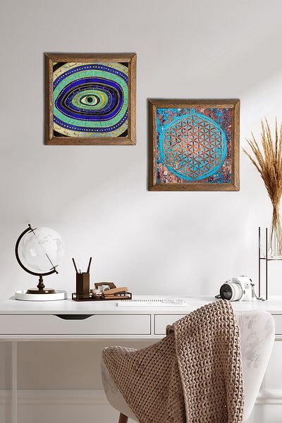 Pinecone Evil Eye, Flower of Life Stone Wall Painting Wooden Framed Wall Decor Set of 2 Painting Wall Art -W2-543-