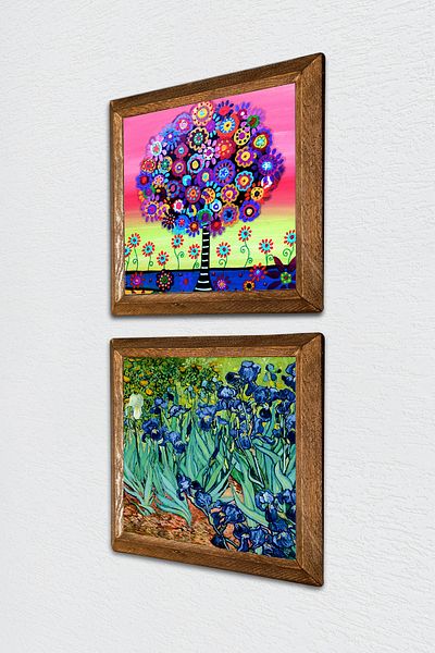 Pinecone Van Gogh Irises, Tree of Life Stone Wall Painting Wooden Framed Wall Decor Set of 2 Painting -W2-653-