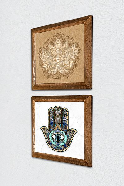 Pinecone Lotus Flower, Fatma Mother Hand (Hamsa) Stone Wall Painting Wooden Framed Wall Decor -W2-42-