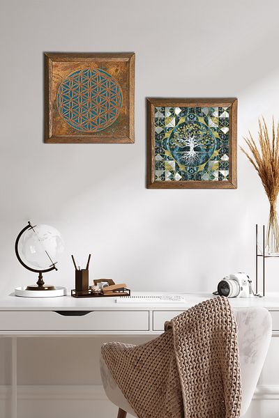 Pinecone Flower of Life, Tree of Life Stone Wall Painting Wood Framed Wall Decor 2 Piece Painting Set -W2-595-