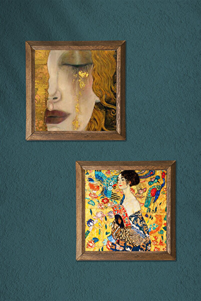 Pinecone Gustav Klimt Woman with Fan, Golden Tears Stone Wall Painting Framed Wall Decor -W2-367-