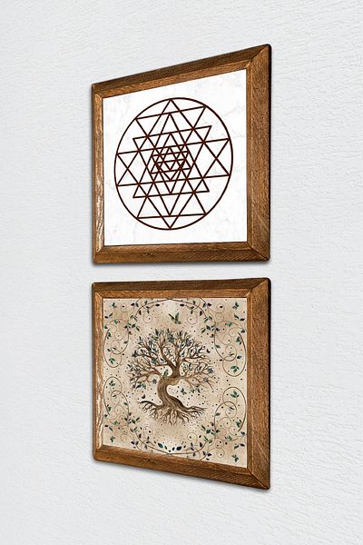 Pinecone Sri Yantra, Pictură pe perete din piatră Arborele vieții cu cadru din lemn Decor de perete Set de pictură din 2 piese -W2-205-