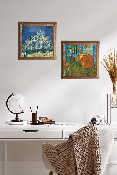 Pinecone Biserica din Van Gogh Auvers, Dormitor Pictură pe perete din piatră Decor de perete cu rame din lemn -W2-396-