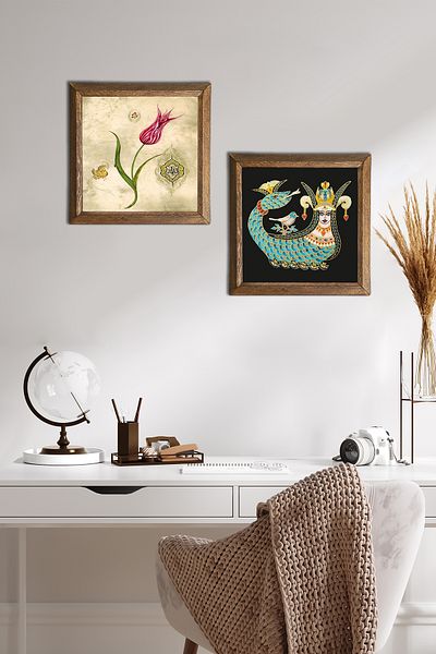 Pinecone Lalea, Pictură pe perete din piatră Şahmeran Decor de perete cu rame din lemn Set de pictură din 2 piese Artă de perete -W2-649-