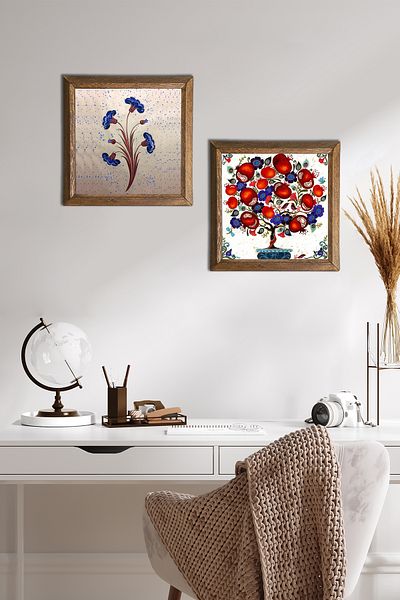 Pinecone Artă marmorată, pictură pe perete din piatră de rodie, decor de perete cu rame din lemn, set de pictură din 2 piese -W2-184-