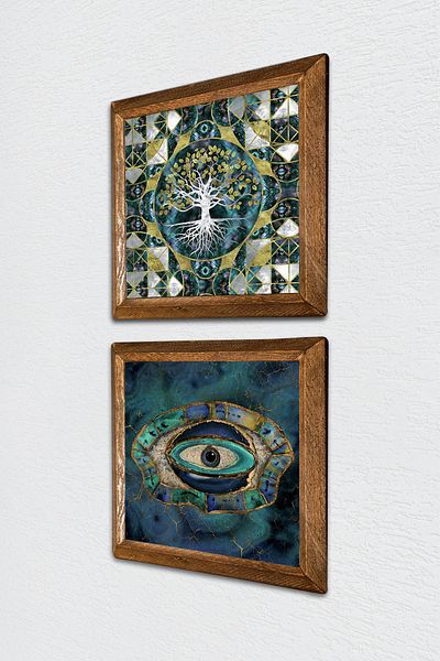 Pinecone Tree of Life, Evil Eye Stone Wall Painting Wooden Framed Wall Decor Set of 2 Painting Wall Art -W2-569-
