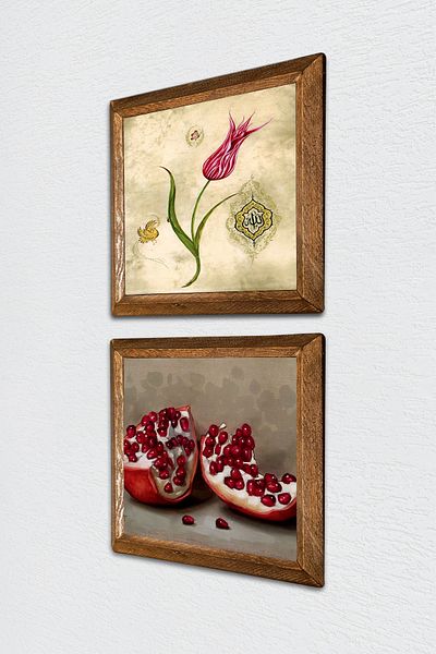 Pinecone Lalele, pictură pe perete cu piatră de rodie, decor de perete cu rame din lemn, set de pictură din 2 piese, artă de perete -W2-745-