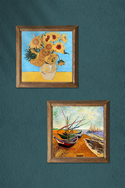 Pinecone Van Gogh Fishing Boats, Twelve Sunflowers in a Vase Stone Wall Painting Framed Wall Decor -W2-389-