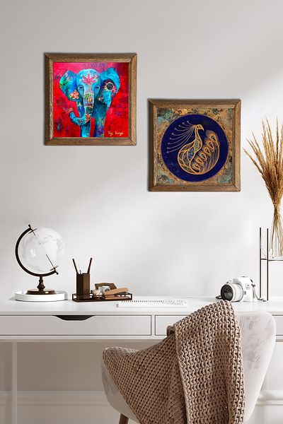 Pinecone Elephant, Peacock Stone Wall Painting with Wooden Frame Wall Decor 2 Piece Painting Set Wall Art -W2-528-