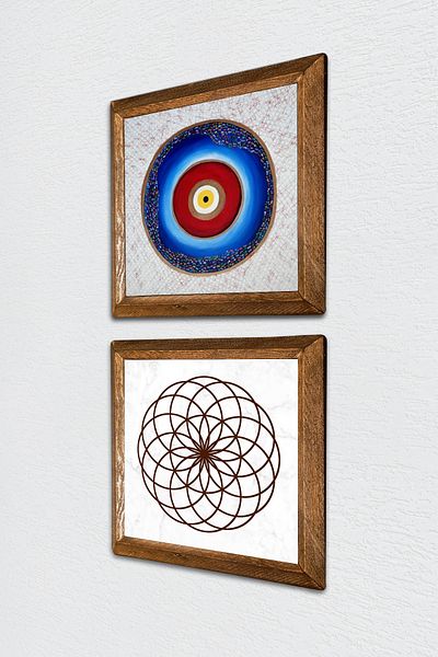 Pinecone Evil Eye, Floarea Vieții Pictură pe perete din piatră Decor de perete cu rame din lemn Set de 2 picturi Artă de perete -W2-493-