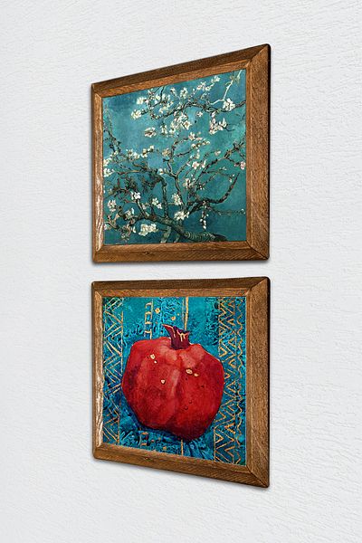Pinecone Van Gogh Migdal, Pictură de perete din piatră de rodie Decor de perete cu rame din lemn Set de pictură din 2 piese -W2-98-