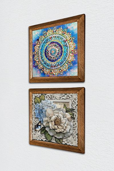 Pinecone Mandala, Flower Stone Wall Painting with Butterfly, Wood Framed Wall Decor 2 Piece Painting Set -W2-302-