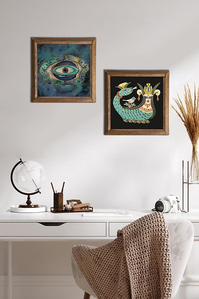 Pinecone Evil Eye, Shahmeran Stone Wall Painting with Wooden Frame Wall Decor 2 Piece Painting Set Wall Art -W2-265-