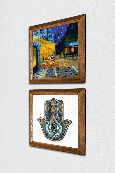 Pinecone Van Gogh Cafe Terrace at Night, Fatma Mother Hand (Hamsa) Stone Wall Painting Framed Wall Decor -W2-73-