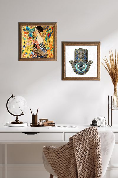 Pinecone Γυναίκα Gustav Fan, Fatma Mother Hand (Hamsa) Πέτρινη Ζωγραφική Τοίχων Διακόσμηση τοίχου με κορνίζα -W2-70-
