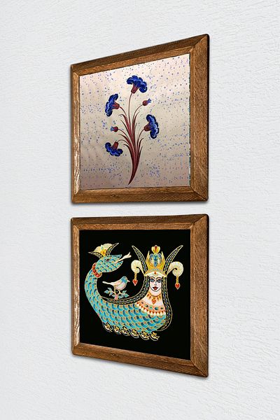 Pinecone Marbling Art, Shahmeran Stone Wall Painting with Wooden Frame Wall Decor 2 Piece Painting Set -W2-272-