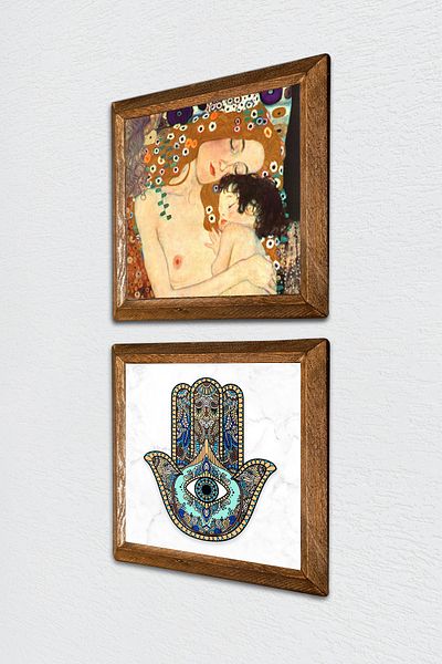 Pinecone Gustav Klimt Mother Child, Fatma Mother Hand (Hamsa) Stone Wall Painting Framed Wall Decor -W2-16-