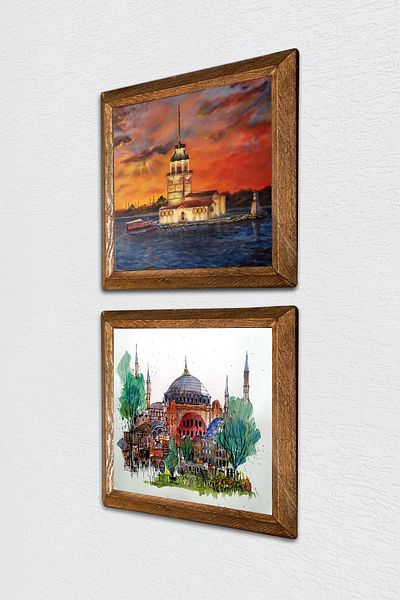 Pinecone Istanbul Hagia Sophia, Maiden's Tower Stone Wall Painting Wooden Framed Wall Decor Set of 2 -W2-688-