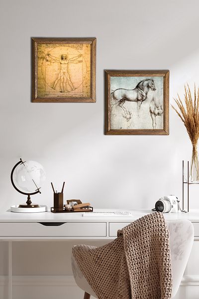 Pinecone Leonardo Da Vinci Vitruvian Man, Horse Statue Stone Wall Painting Framed Wall Decor -W2-314-