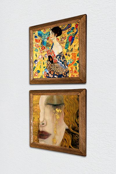 Pinecone Gustav Klimt Woman with Fan, Golden Tears Stone Wall Painting Framed Wall Decor -W2-367-
