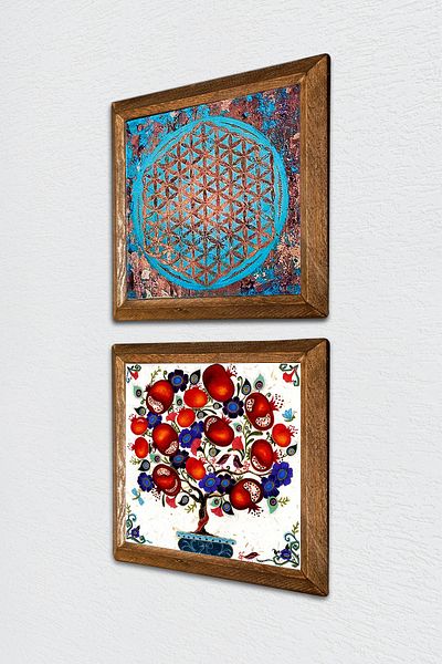 Pinecone Λουλούδι της Ζωής, Πέτρινη Ζωγραφική Τοίχου Ρόδι Διακόσμηση τοίχου με ξύλινο πλαίσιο 2 τεμαχίων Σετ ζωγραφικής -W2-174-