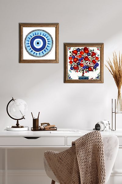 Pinecone Evil Eye, Pomegranate Tree Stone Wall Painting Wooden Framed Wall Decor 2 Piece Painting Set Wall Art -W2-187-