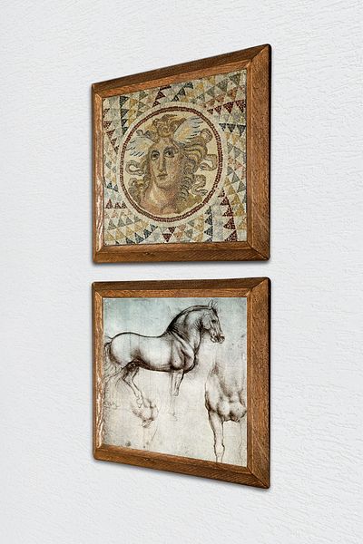 Pinecone Mosaic Series, Leonardo Da Vinci Horse Statue Stone Wall Painting Wood Framed Wall Decor -W2-320-