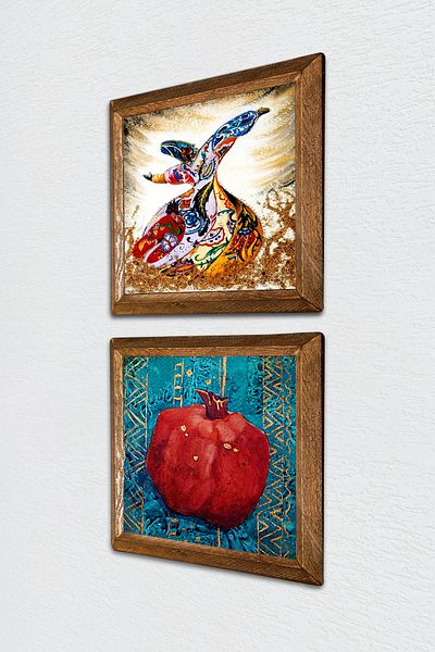 Pinecone Whirling Dervish, Pomegranate Stone Wall Painting with Wooden Frame Wall Decor 2 Piece Painting Set Wall Art -W2-672-